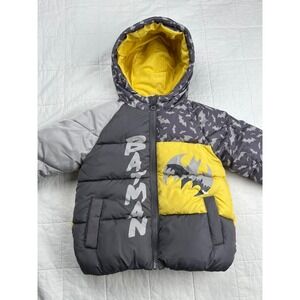 Kids Batman Puffer Jacket Hooded Yellow Gray Bat Print Winter‎ Coat 12-18 Months